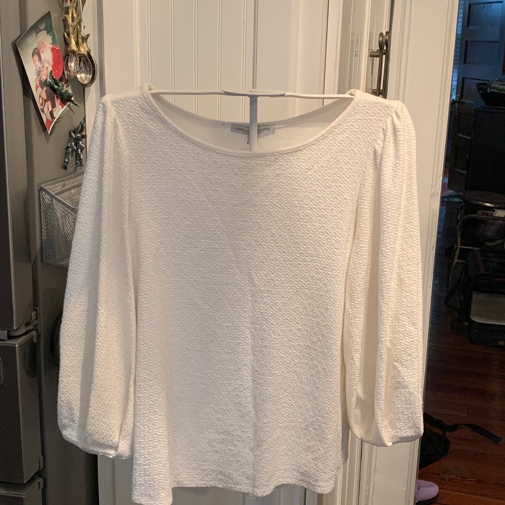 Green Envelope Los Angeles puff sleeve textured top. Preowned. Good condition